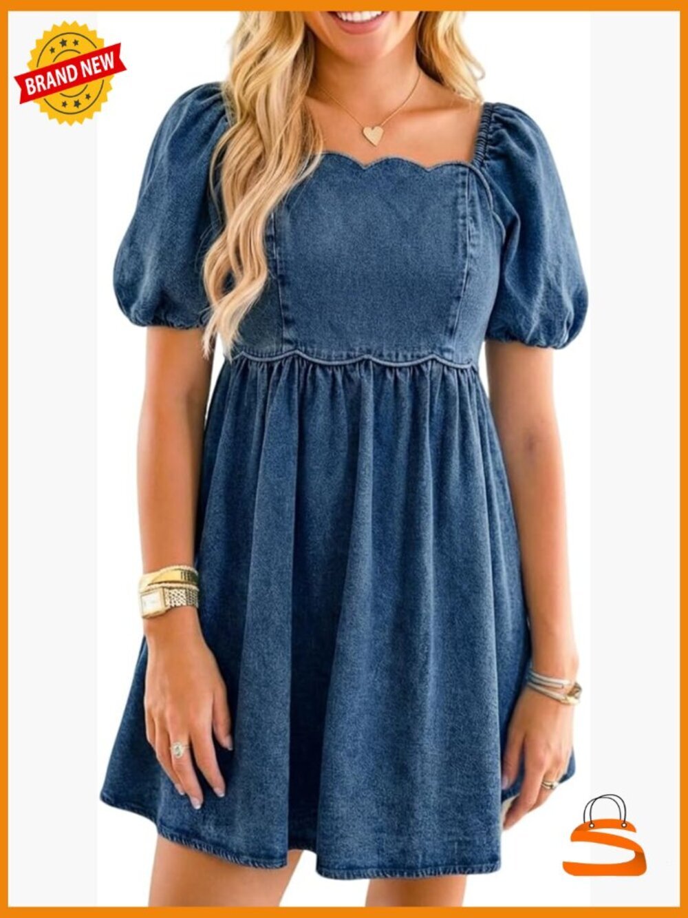 Square Neck Puff Sleeve Babydoll Denim Dress with Pockets